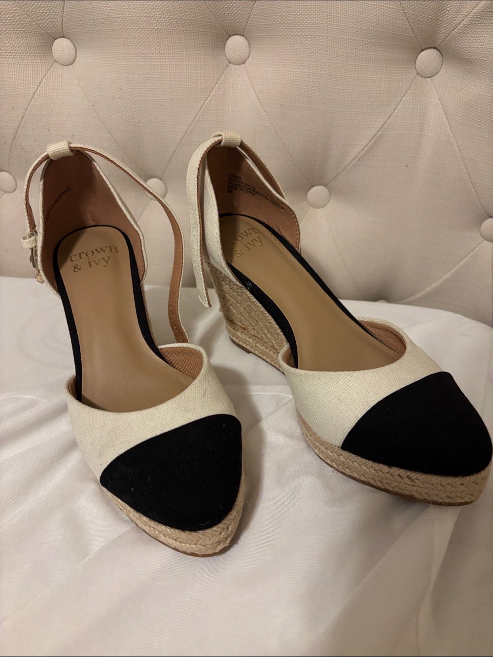 crown & ivy Cream and Black Ankle-Tie Espadrille Wedges